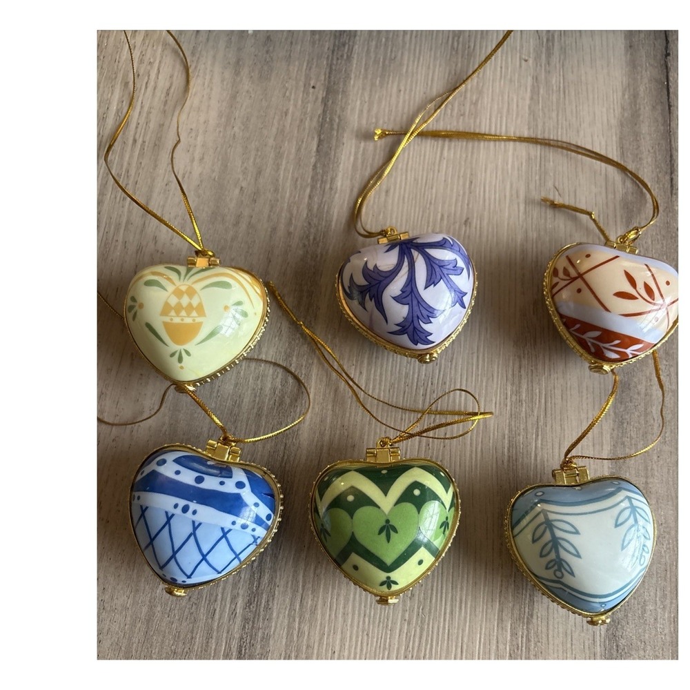 6 Valerie Parr Hill Heart Xmas Trinket Box Locket Ornaments Faith Laughter Peace